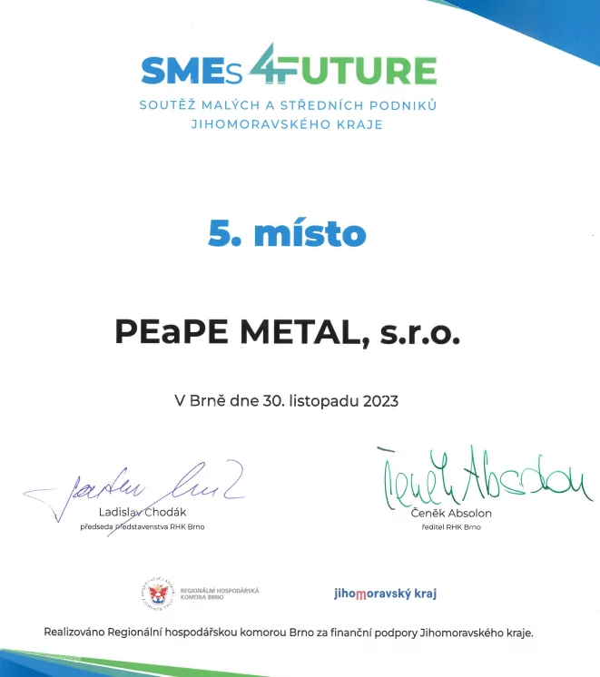 PEaPE METAL, s.r.o. dosáhla 5. místa v soutěži SMEs4FUTURE